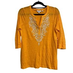 Chico's Top Embroidered Shirt Orange White Floral 100% Linen V Neck Size 1 Med